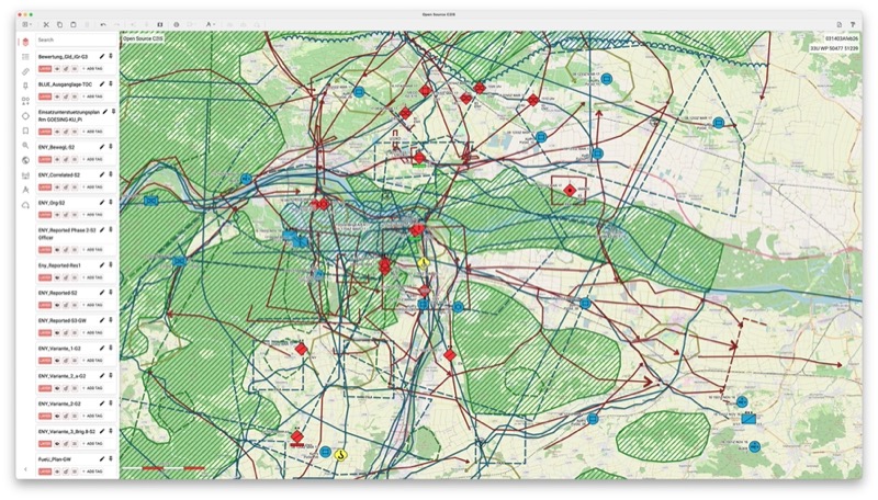 ODIN tactical mapping application showing military symbols and tactical graphics on a topographic map